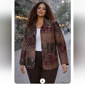 Dressbarn Tapestry Open-Front Jacket  Burgundy Brown Taupe  Women’s 14/16 | NWOT